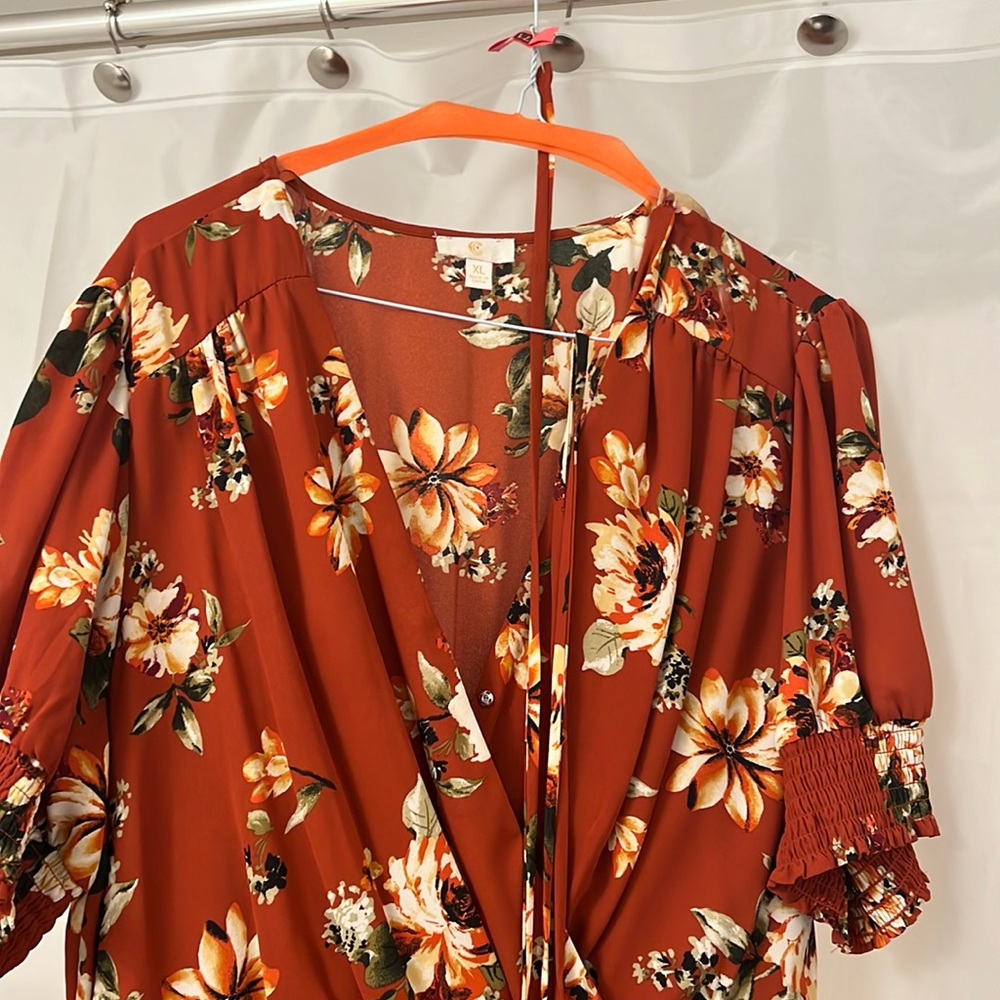 rust floral wrap dress